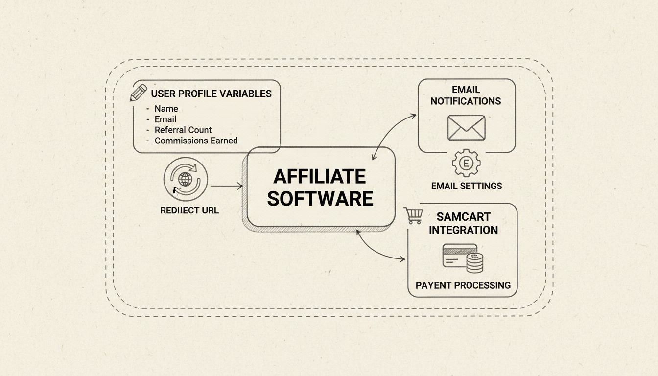 Technisch diagram met gebruikersprofielvariabelen, e-mailnotificaties en Samcart-integratiefuncties in affiliate software