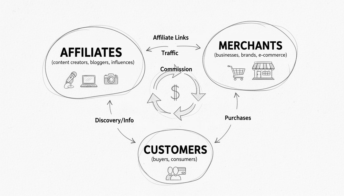 Affiliate Marketing Ecosysteem Diagram toont de relatie tussen Affiliates, Merchants en Klanten met pijlen die het verkeer, affiliate links, commissies en verkopen aangeven