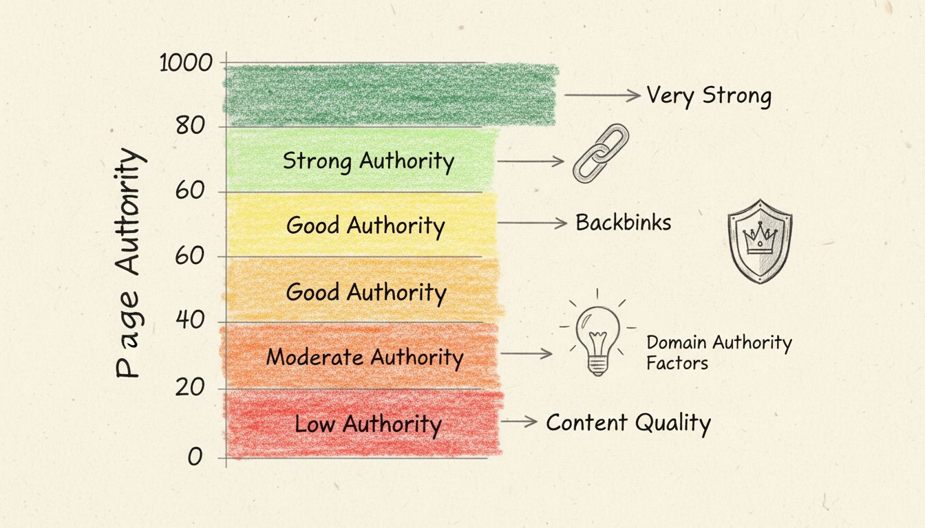 Diagram van Page Authority-schaal met kleurgecodeerde zones van 0-100 met autoriteitsniveaus en bijdragende factoren