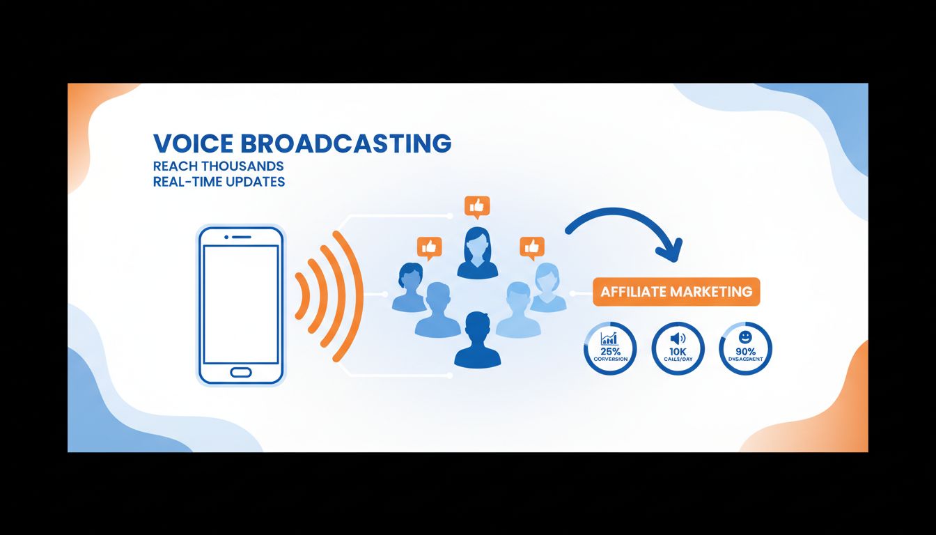 Voice broadcasting infographic met smartphone en geluidsgolven die meerdere klanten bereiken voor affiliate marketing