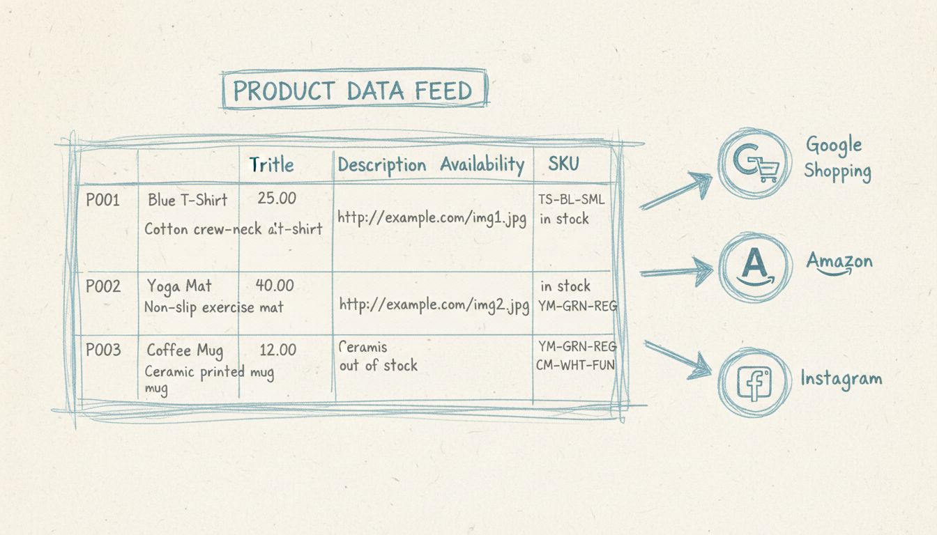 Diagram van productfeedstructuur met spreadsheet en productdata die naar meerdere platforms stroomt