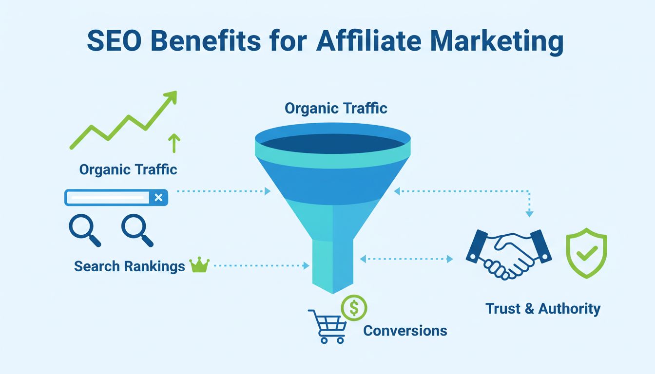 SEO-voordelen voor affiliate marketing infographic die organische verkeersgroei, zoekresultaten, conversies en vertrouwen toont