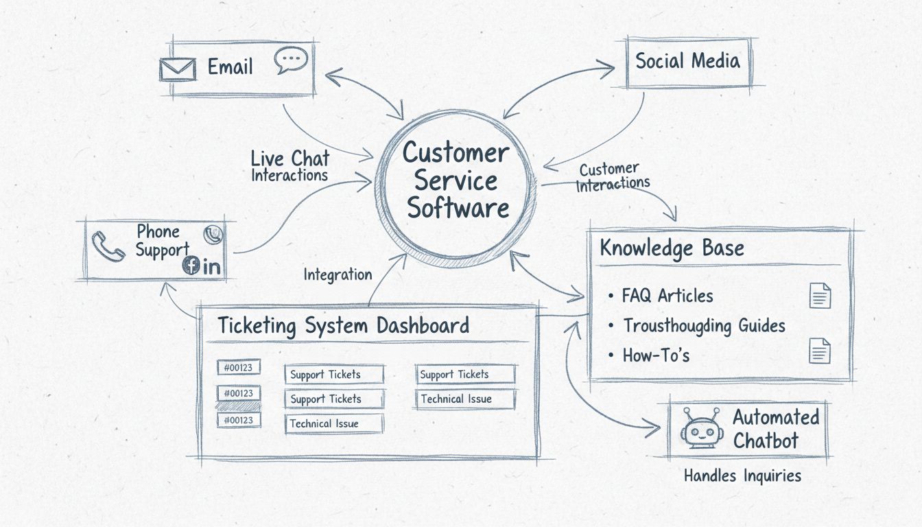 Diagram van klantenservice software architectuur met centrale hub, kanalen, ticketsysteem, kennisbank en chatbot-integratie