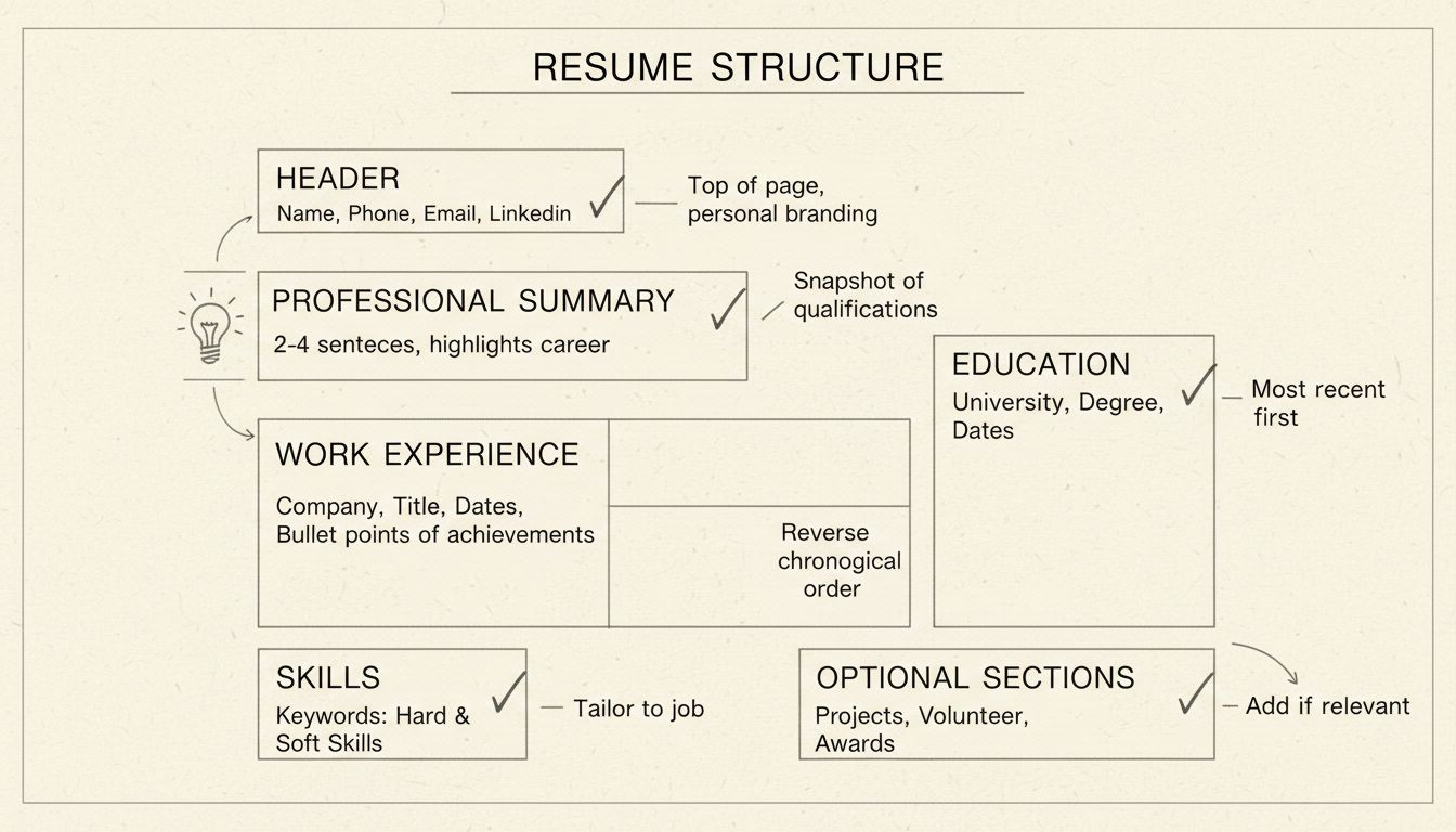 Diagram van cv-schema met kop, professionele samenvatting, werkervaring, opleiding, vaardigheden en optionele secties met annotaties