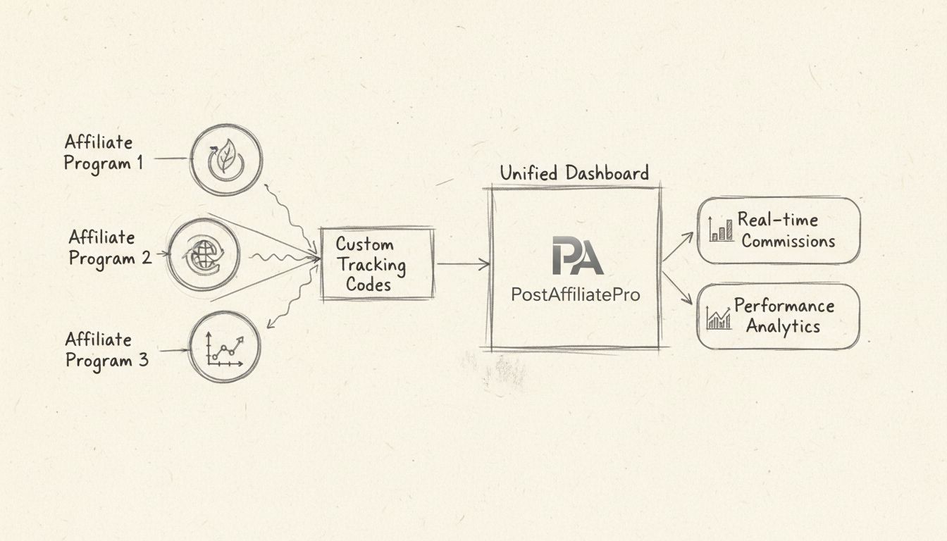 Diagram van de workflow van aangepaste affiliate trackingcodes met meerdere affiliateprogramma’s die worden samengevoegd in het PostAffiliatePro dashboard met realtime commissie- en prestatieanalyse