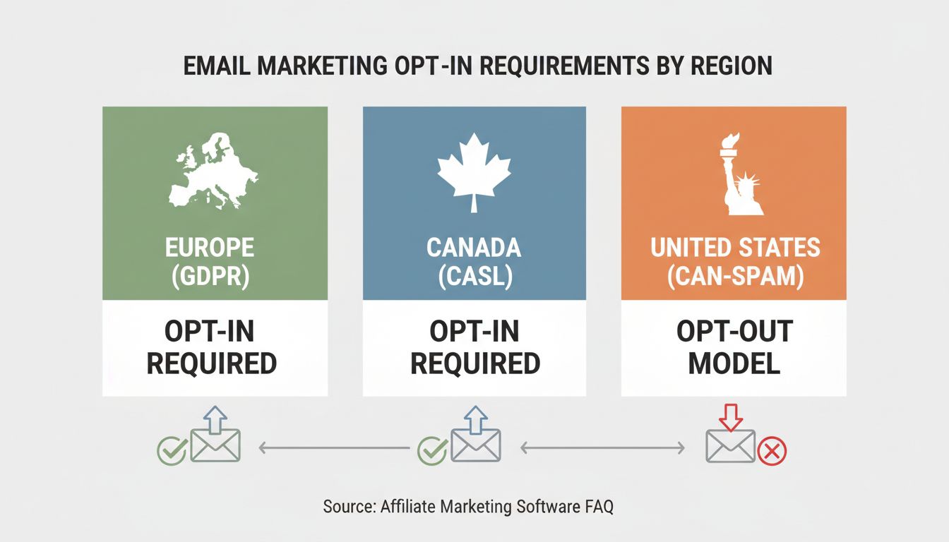 Opt-in vereisten voor e-mailmarketing per regio: Europa GDPR opt-in vereist, Canada CASL opt-in vereist, Verenigde Staten CAN-SPAM opt-out model