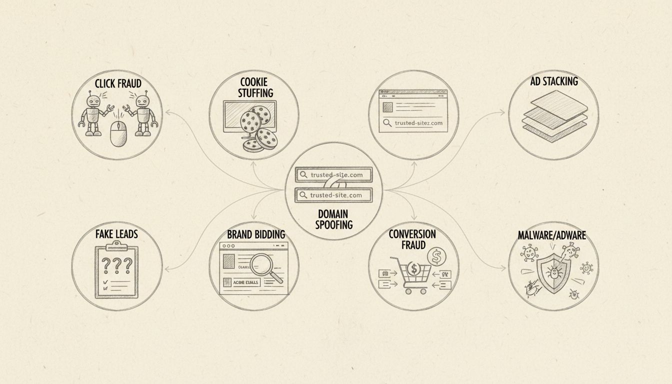 Handgetekend diagram dat 8 soorten affiliatefraude toont, waaronder klikfraude, cookie stuffing, valse leads, merkbidding, domein spoofing, ad stacking, conversiefraude en malware
