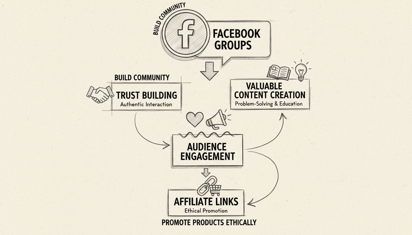 Diagram van een Facebook affiliate marketingstrategie met vertrouwen opbouwen, contentcreatie, en ethische promotieflow