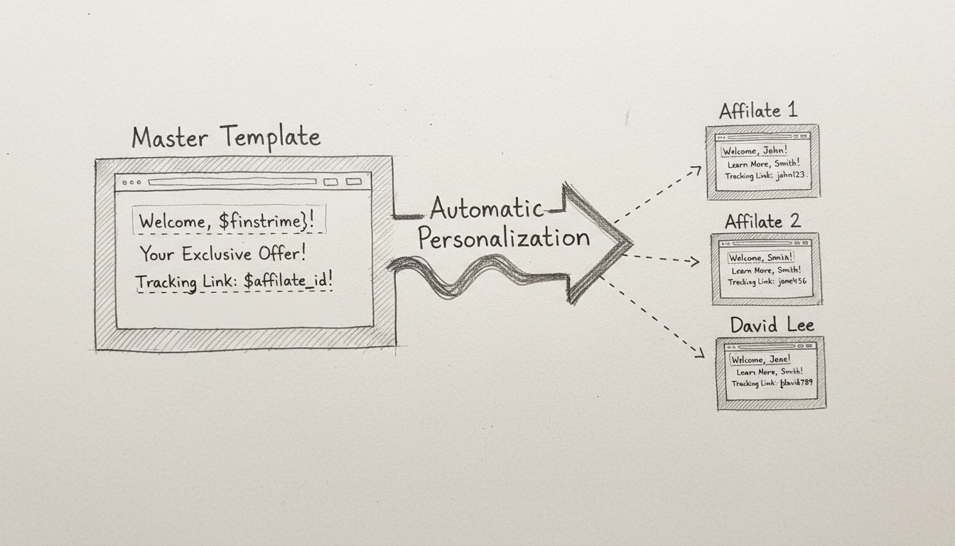 Diagram van het site-replicatieproces waarbij een hoofdtemplate automatisch gepersonaliseerde affiliatepagina’s met unieke trackinglinks en variabelen aanmaakt