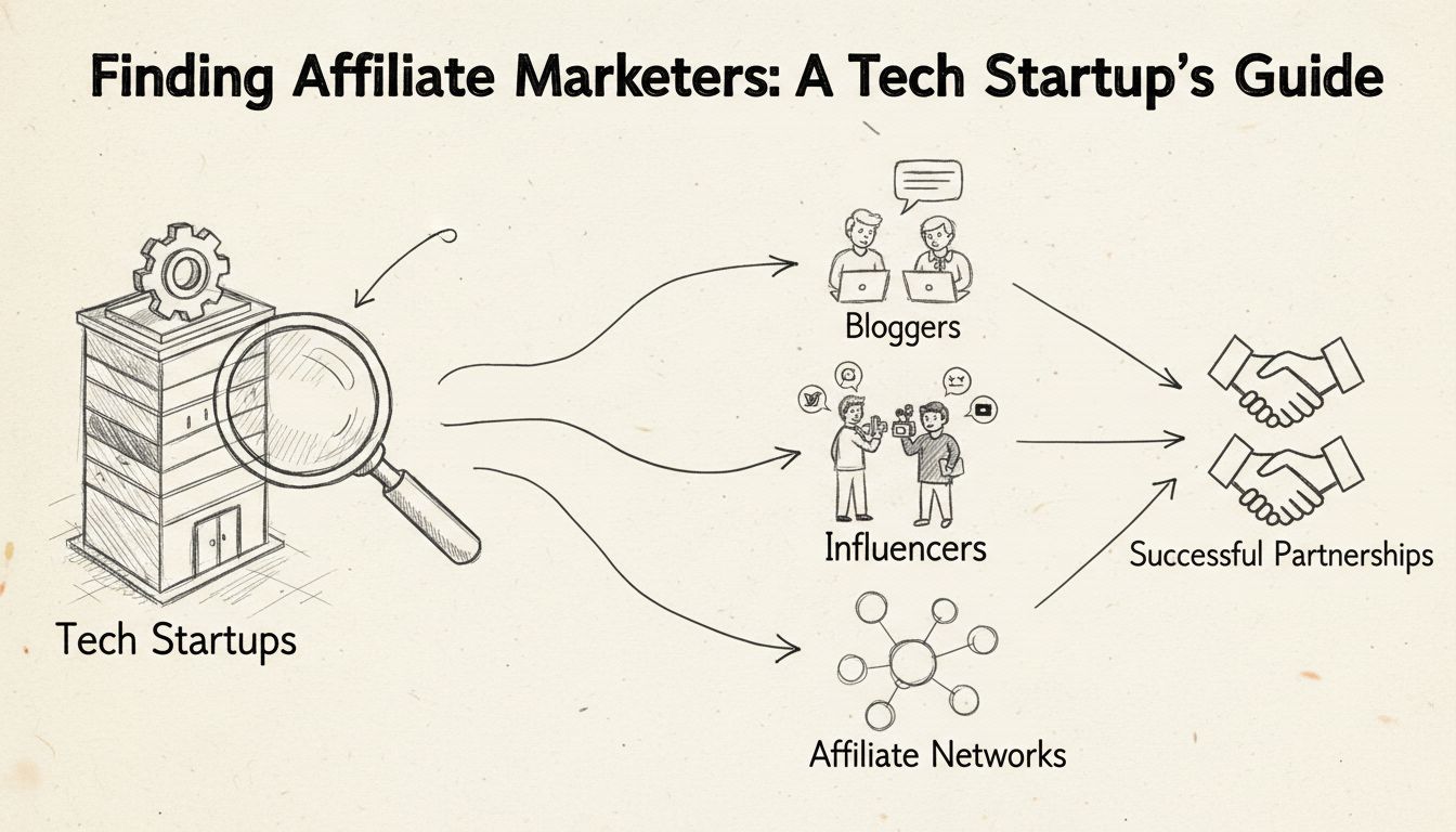 Handgetekend diagram dat laat zien hoe tech-startups affiliate marketeers kunnen vinden via bloggers, influencers en affiliate netwerken