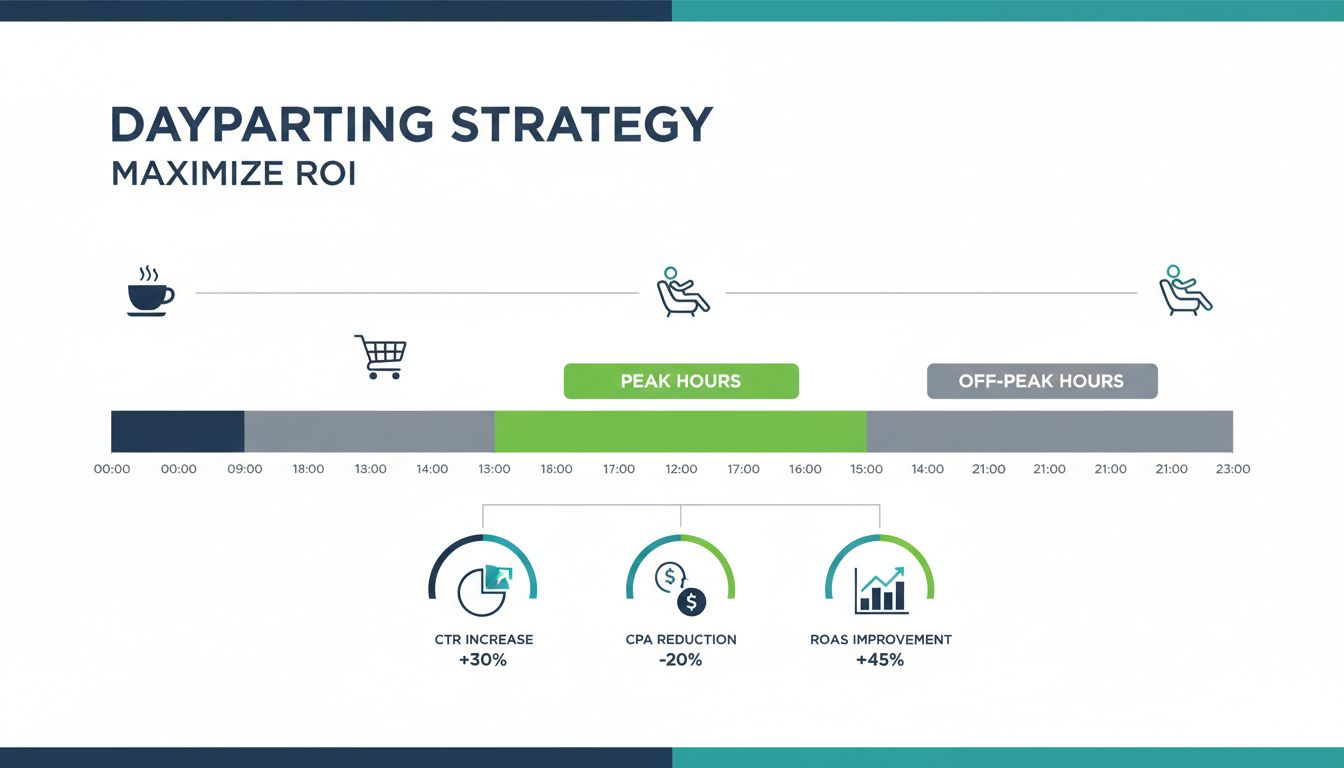 Infographic over dayparting-strategie met een 24-uurs tijdlijn, piek- en daluren, prestatie-indicatoren zoals stijging van CTR, daling van CPA en verbetering van ROAS