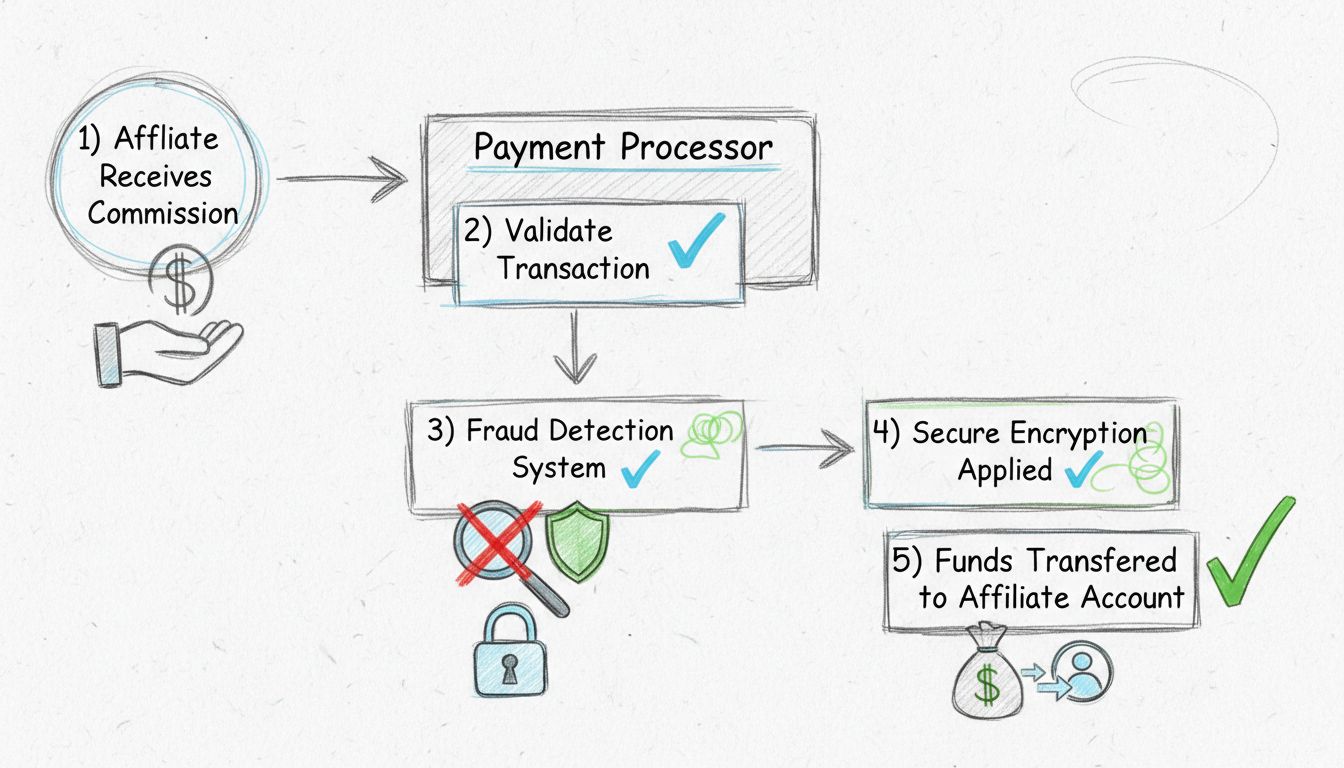 Workflowdiagram van een betaalverwerker met validatie van affiliatecommissies, fraudedetectie, encryptie en geldtransactieproces
