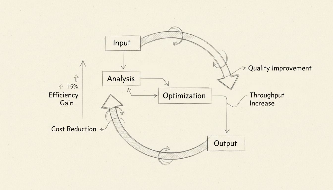 Diagram van optimalisatieproces met inputanalyse, optimalisatiecycli en verbeterde resultaten met opwaartse pijl