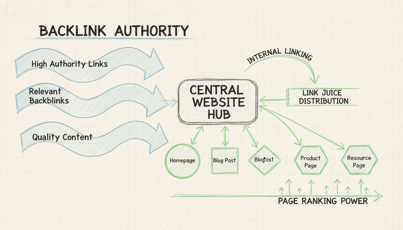 Diagram van link juice distributie dat laat zien hoe autoriteit via backlinks en interne linkstructuren naar verschillende pagina's stroomt