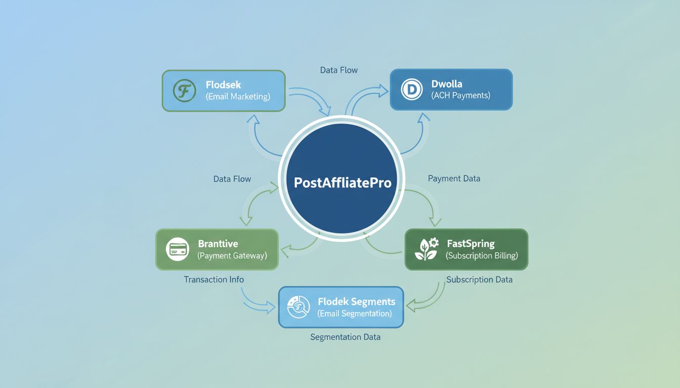 PostAffiliatePro integratie-ecosysteem met Flodesk, Dwolla, Braintree, FastSpring en Flodesk Segments verbonden met het centrale platform