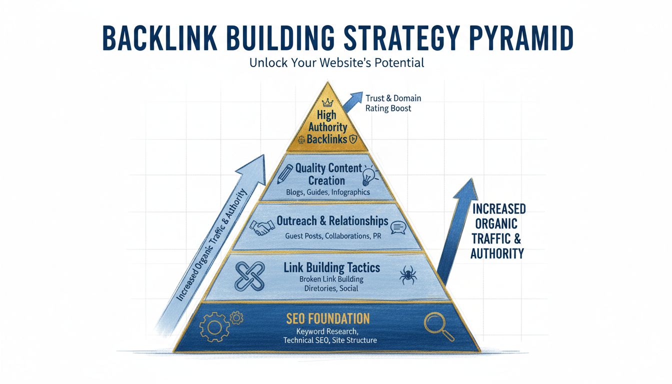 Backlink building strategie piramide met vijf lagen van fundering tot backlinks van hoge autoriteit