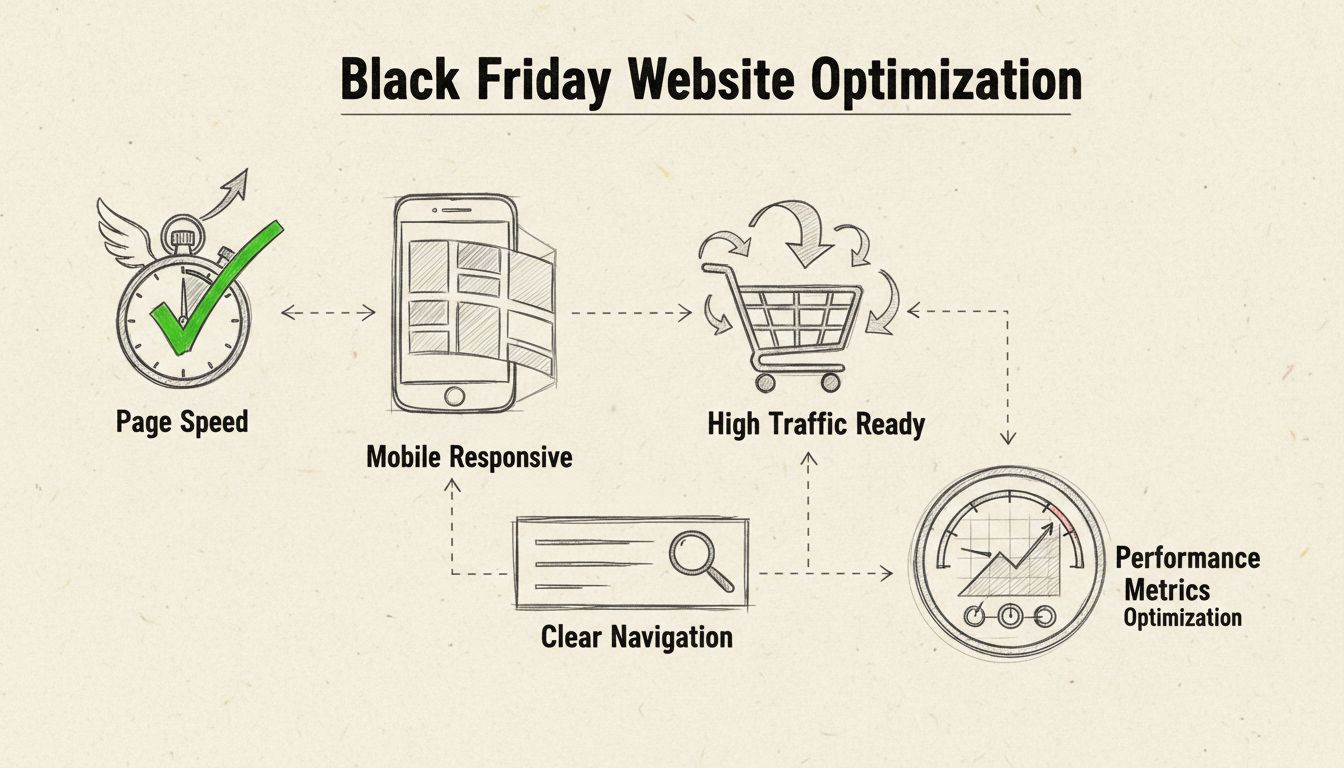 Diagram van website-optimalisatie met paginasnelheid, mobiele responsiviteit, duidelijke navigatie en klaar voor hoog Black Friday-verkeer