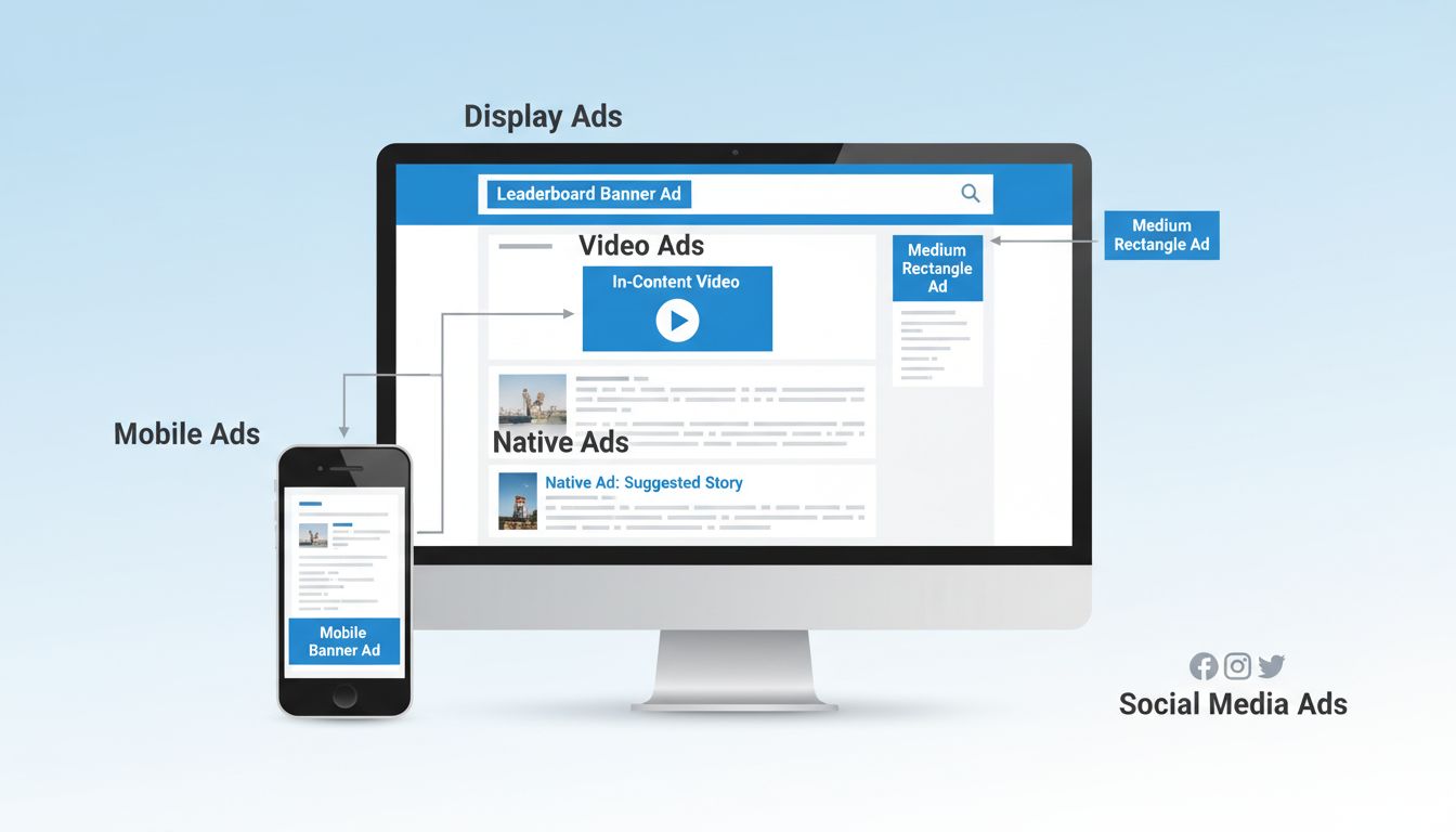 Diagram van typen advertentieplaatsingen in digitale marketing met verschillende advertentieformaten op website- en mobiel layouts
