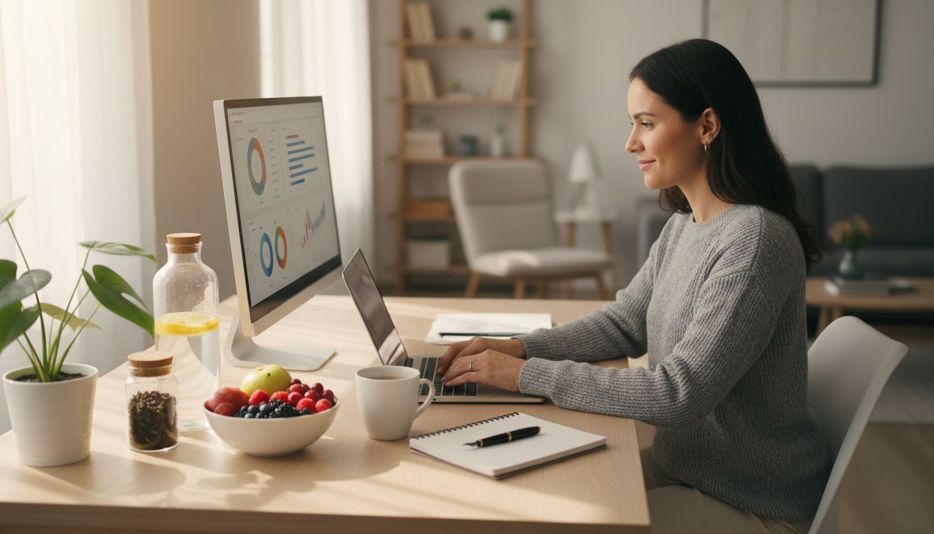 Productieve affiliate marketeer in thuiskantoor met gezonde levensstijl, waaronder een waterfles, vers fruit en een georganiseerde werkruimte