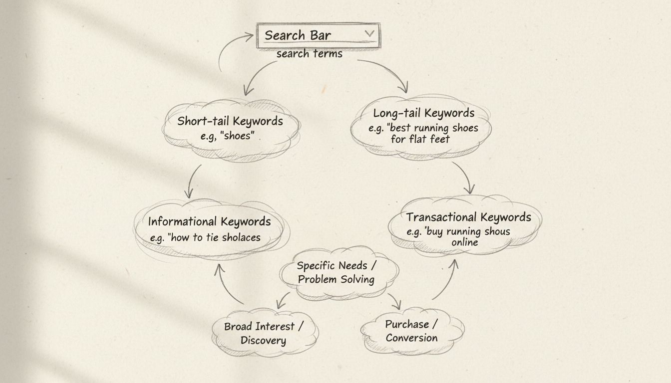 Diagram showing the relationship between search terms, keyword types, and user intent with arrows connecting search bar to short-tail keywords, long-tail keywords, informational queries, and transactional queries
