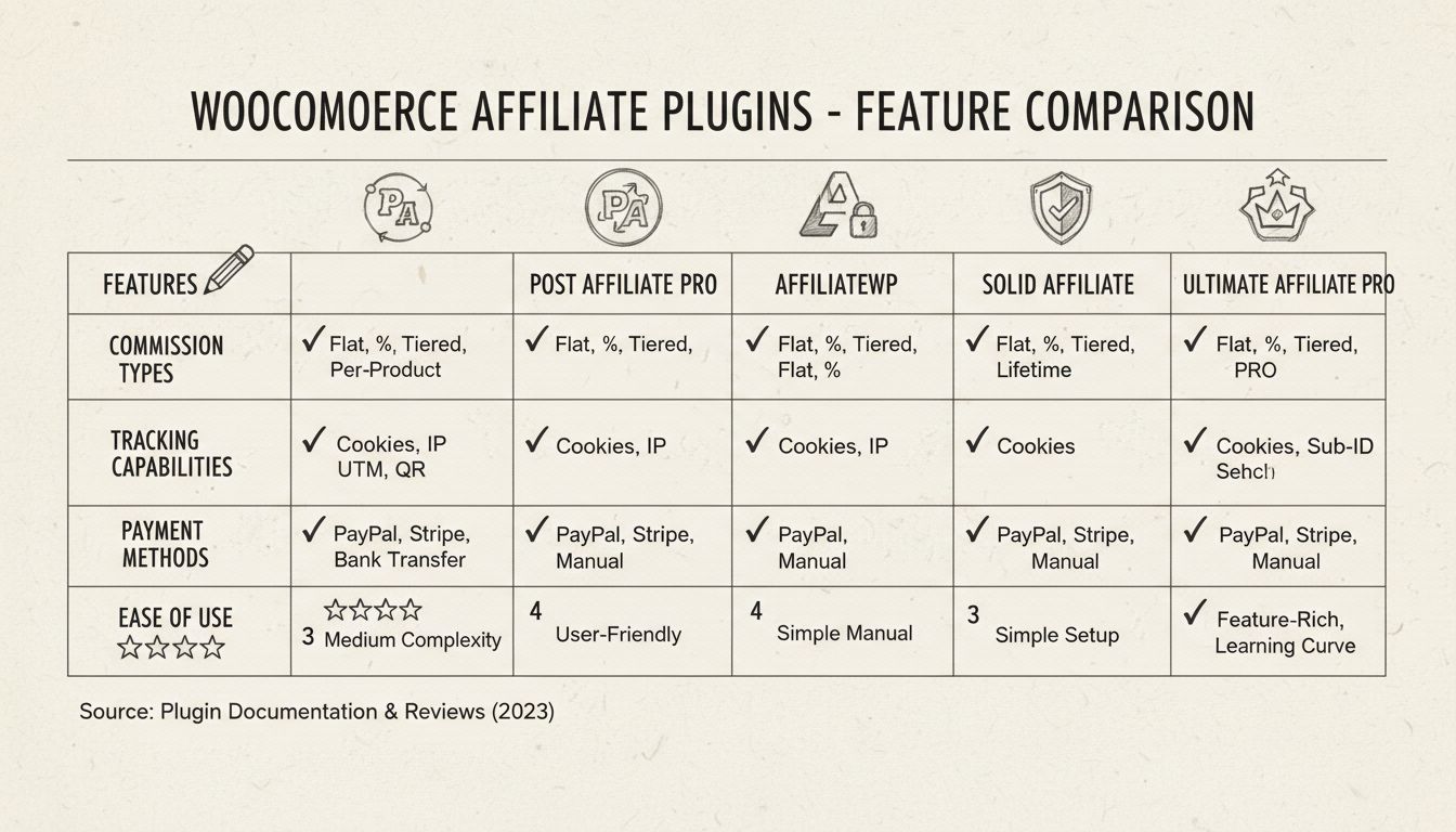 WooCommerce affiliate-plugins vergelijkingstabel met Post Affiliate Pro, AffiliateWP, Solid Affiliate en Ultimate Affiliate Pro functies