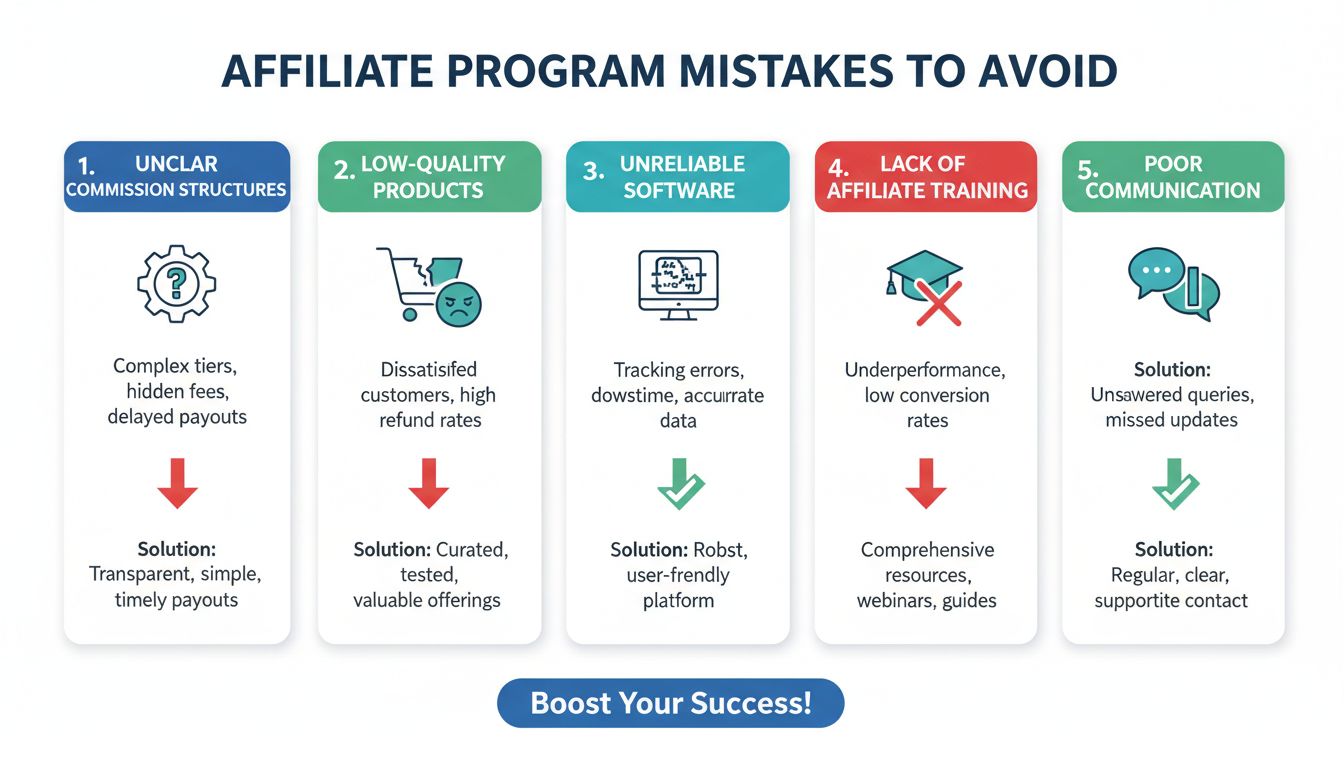 Infographic veelgemaakte fouten in affiliateprogramma's over commissiestructuren, productkwaliteit, softwarebetrouwbaarheid, affiliate training en communicatie