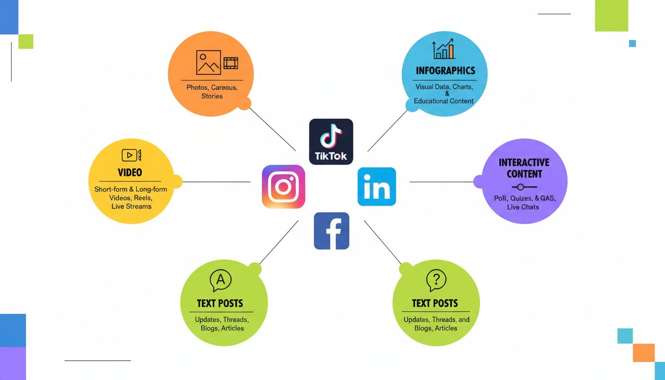 Infographic die verschillende social media contentformaten toont, waaronder video, afbeeldingen, infographics, tekstberichten en interactieve content op meerdere socialmediaplatforms