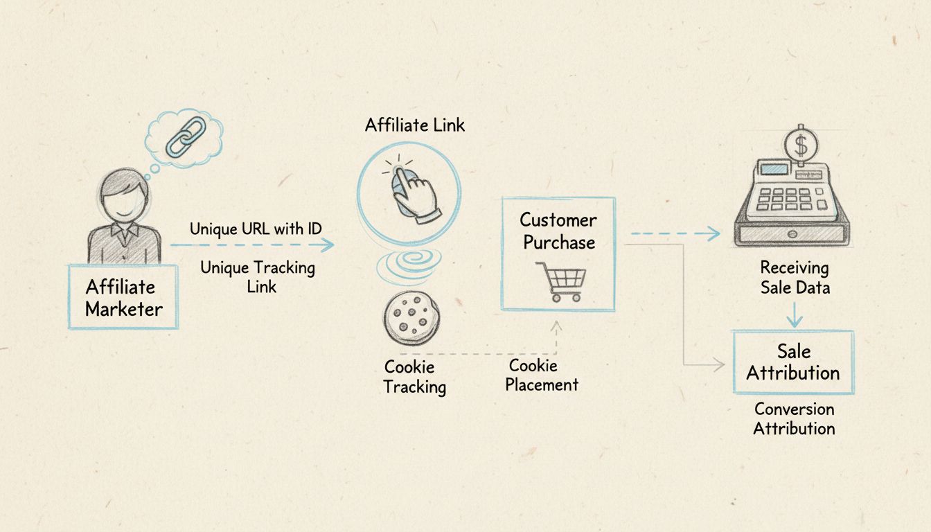 Diagram van het trackingproces van affiliateverkopen met unieke links, cookietracking, klantenaankopen en verkooptoewijzing