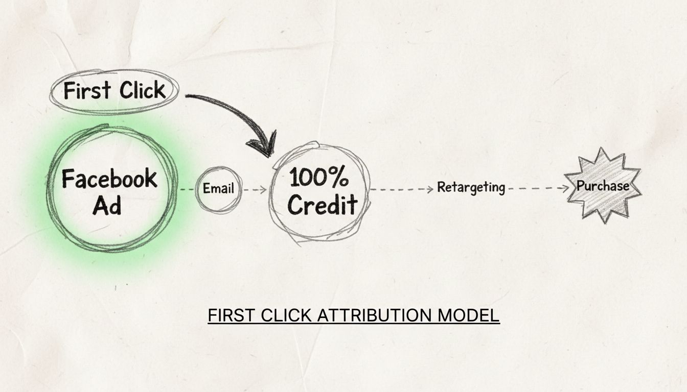 Diagram van het first click attributiemodel met klantreis via meerdere contactpunten en 100% toewijzing aan de eerste klik