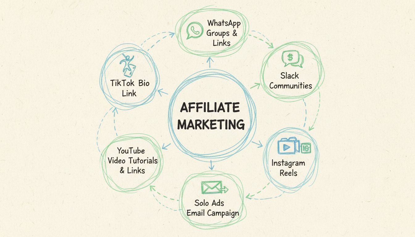 Handgetekend diagram met niet-standaard affiliate marketing methoden waaronder TikTok, WhatsApp, Slack, solo ads, YouTube tutorials en Instagram Reels in een circulair schema