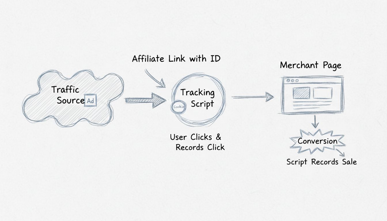 Diagram van direct linking workflow met affiliate advertentieplaatsing, tracking-URL, scriptuitvoering en merchantpagina-conversie