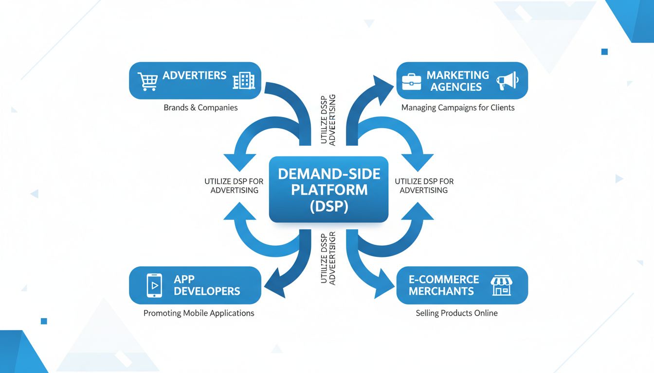 Diagram van demand-side platform gebruikers met adverteerders, bureaus, handelaren en app-ontwikkelaars