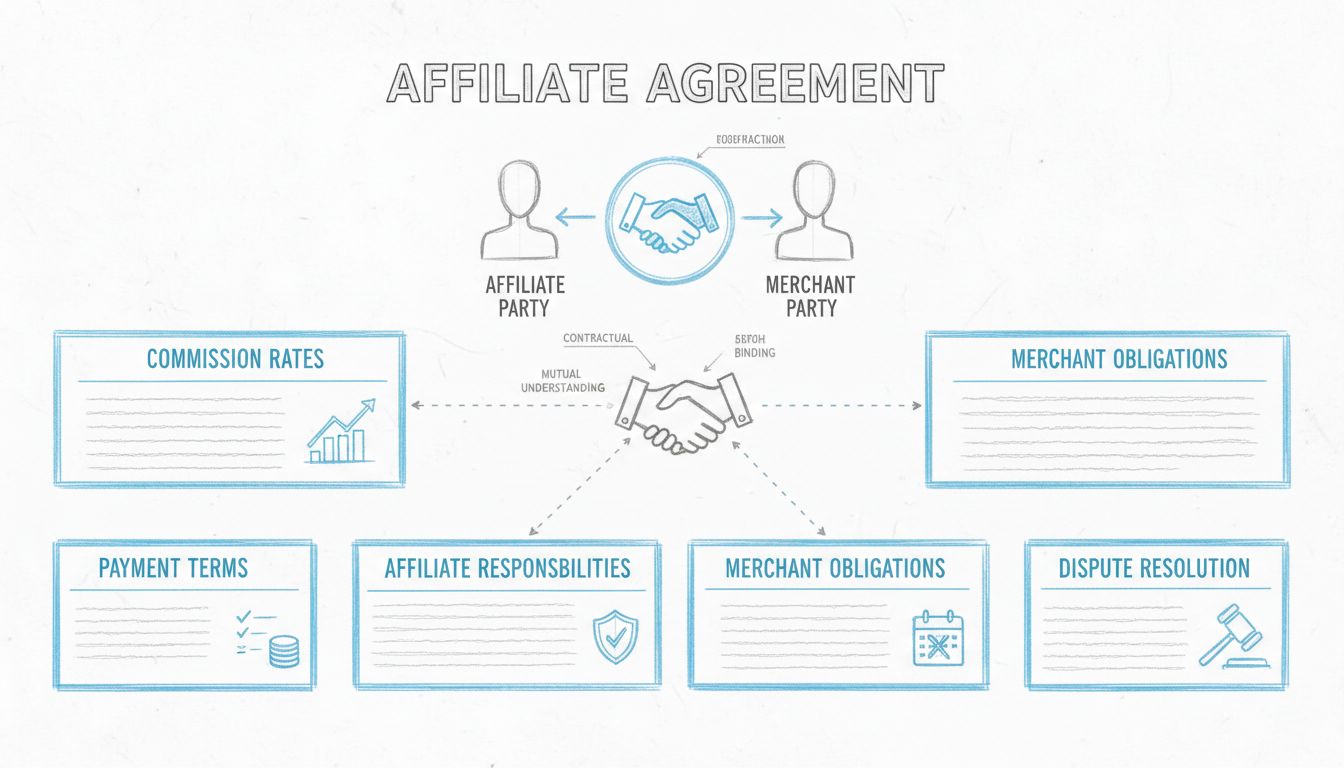 Met de hand getekend diagram van de belangrijkste onderdelen van een affiliate-overeenkomst, waaronder commissietarieven, betaalvoorwaarden, verantwoordelijkheden van de affiliate, verplichtingen van de merchant, duur en beëindiging, en geschillenbeslechting