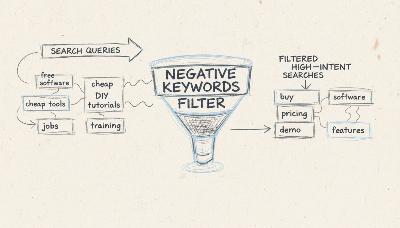 Handgetekend diagram dat het filterproces van negatieve zoekwoorden toont met irrelevante zoekopdrachten links die door een trechter worden gefilterd en alleen relevante zoekopdrachten met hoge intentie rechts tonen