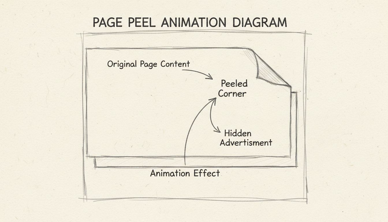 Handgetekend diagram met de page peel-banner animatie met gelabelde componenten, waaronder originele pagina-inhoud, omgevouwen hoek, verborgen advertentie en animatie-effect