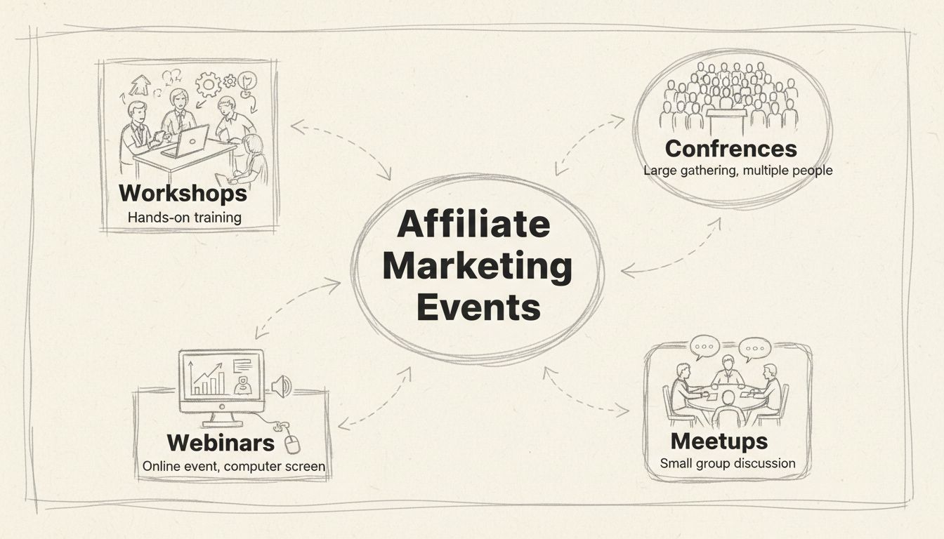Handgetekend diagram met eventtypes in affiliate marketing, waaronder conferenties, meetups, webinars en workshops, verbonden met een centraal knooppunt