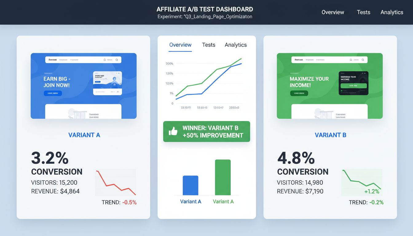 A/B-testdashboard met resultaten van split tests, conversieratio's en prestatiestatistieken voor affiliate marketingcampagnes