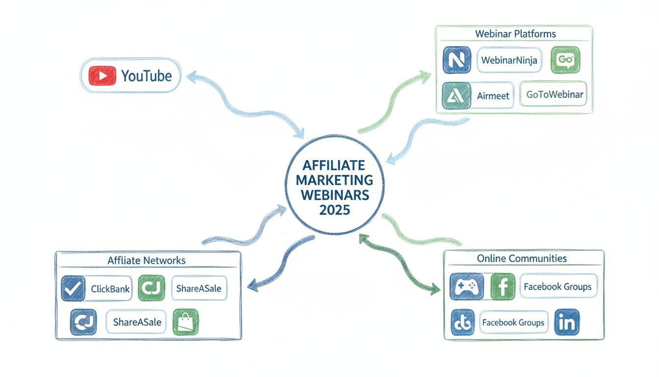 Affiliate Marketing Webinar Platforms en Bronnen 2025 - Infographic met YouTube, Webinar Platforms, Affiliate Netwerken en Online Communities