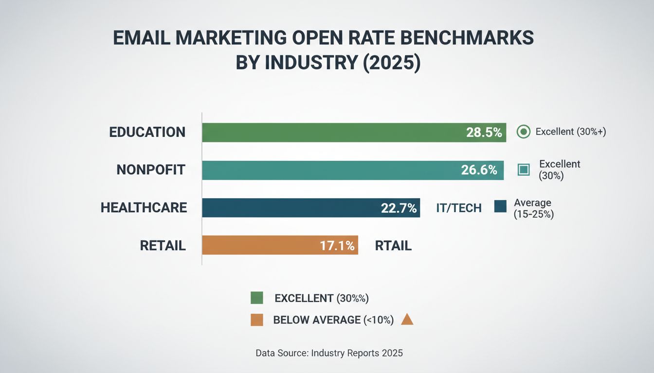 Benchmark e-mail open ratio’s per branche met gemiddeld, uitstekend en ondergemiddeld bereik