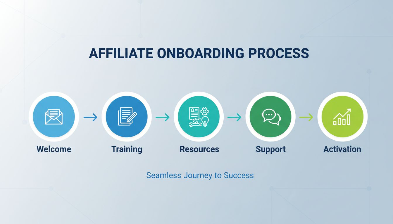 Affiliate onboardingproces met 5 fasen: Welkom, Training, Middelen, Ondersteuning en Activatie
