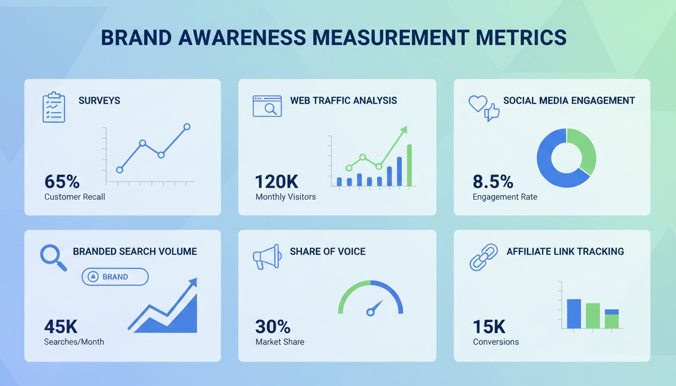 Dashboard voor het meten van merkbekendheid met enquêtes, webverkeeranalyse, social media-engagement, branded zoekvolume, share of voice en affiliate link tracking