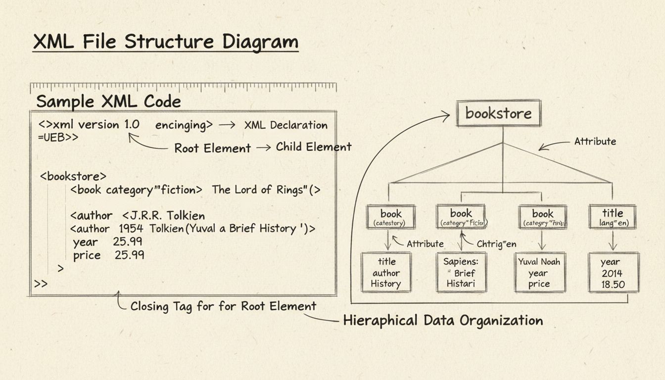Diagram van XML-bestandsstructuur met tags, elementen, attributen en hiërarchische organisatie