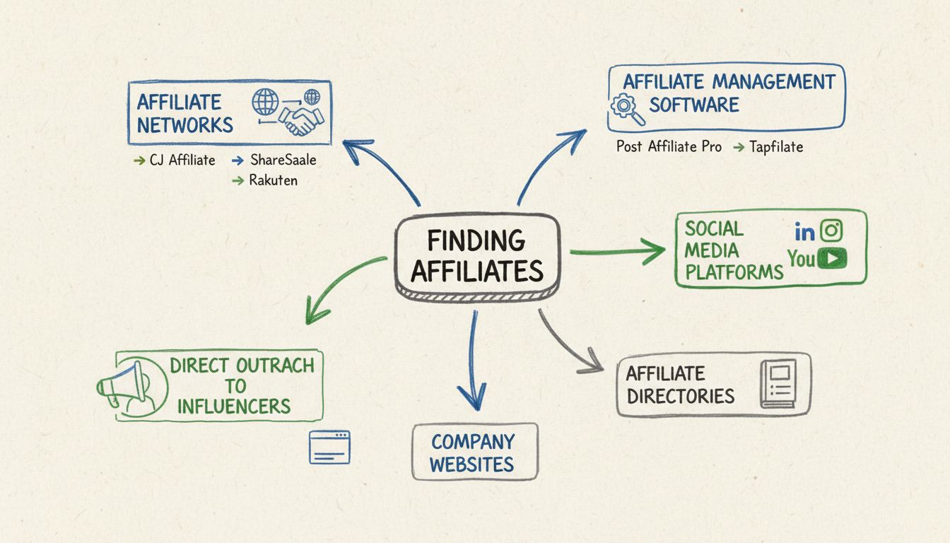 Handgetekend diagram dat verschillende manieren toont om affiliates te vinden, waaronder netwerken, software, influencers en socialmediaplatforms
