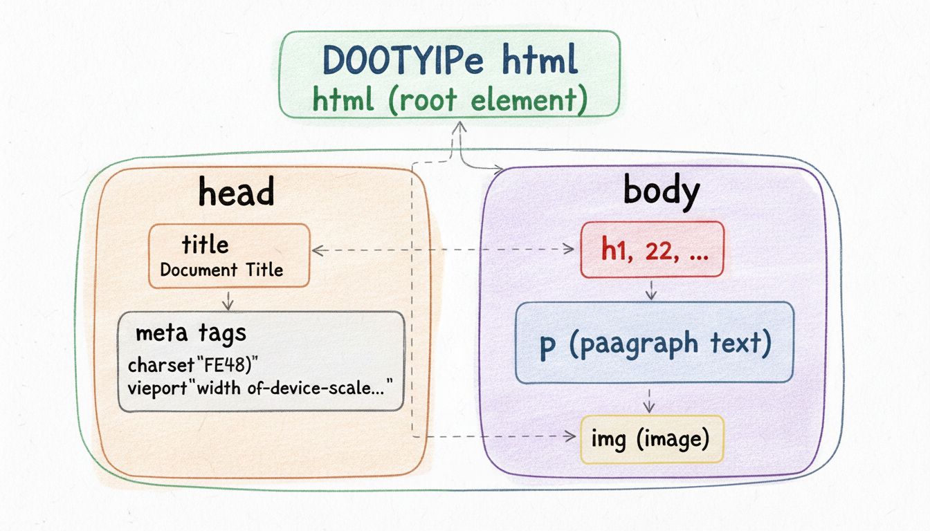Diagram van de structuur van een HTML-document met DOCTYPE, html-hoofdelement, head-sectie met metadata en body-sectie met inhoudselementen
