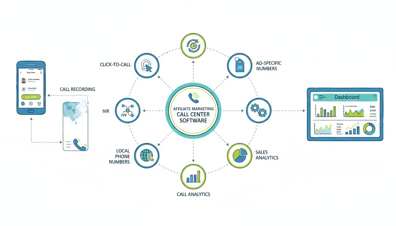 Callcenter softwarefuncties voor affiliate marketing, waaronder click-to-call, gespreksopname, IVR, ACD, advertentie-specifieke nummers, CRM-integratie, lokale telefoonnummers, gespreksanalyses en verkoopanalyses