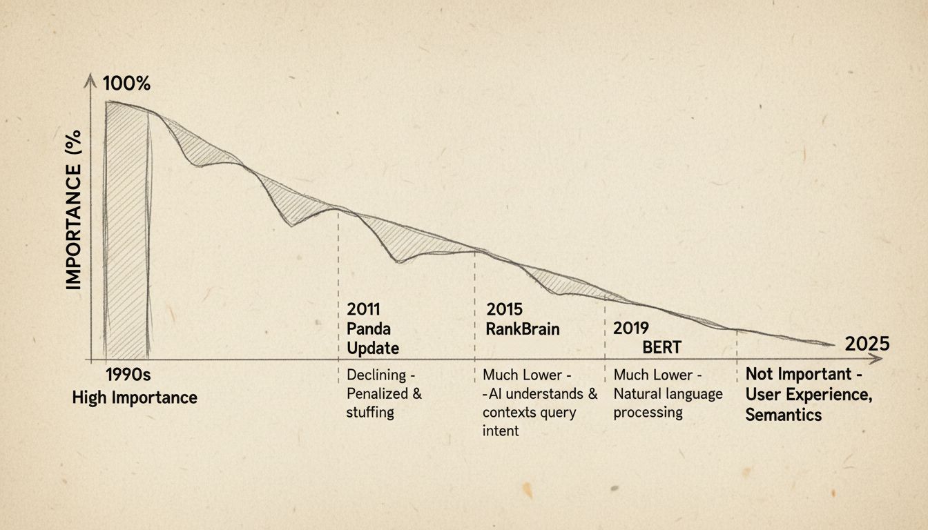 Tijdlijn-diagram die het belang van keyword density laat afnemen van de jaren 90 tot 2025, met belangrijke algoritme-updates gemarkeerd: Panda 2011, Hummingbird 2013, RankBrain 2015 en BERT 2019