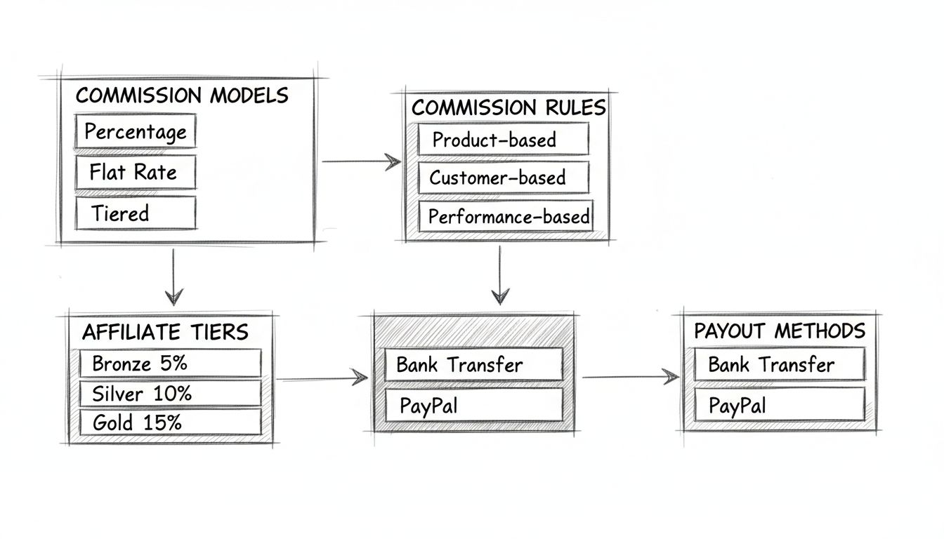 Handgetekend diagram van het instellen van een affiliate commissiestructuur met commissiemodellen, regels, trappen en uitbetalingsmethoden