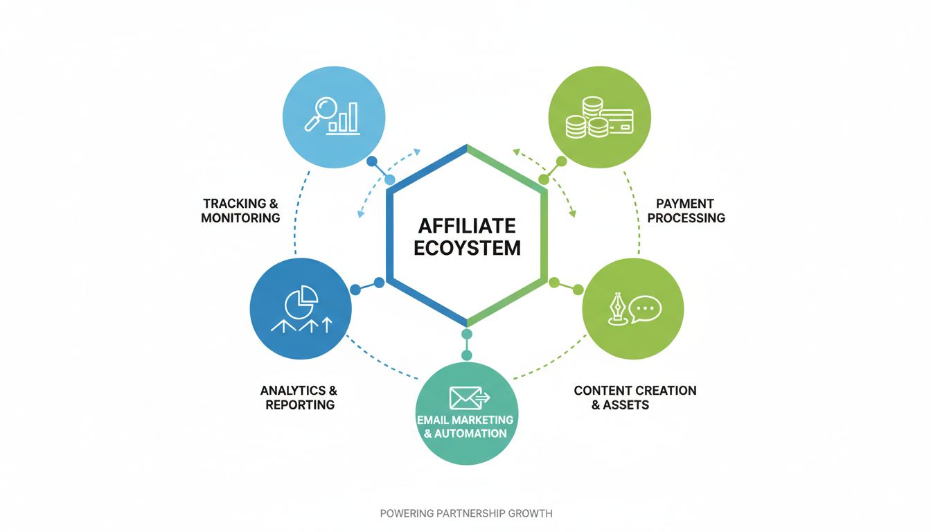 Affiliate programma management tools ecosysteem met tracking, analytics, betalingsverwerking, contentcreatie en e-mailmarketing categorieën