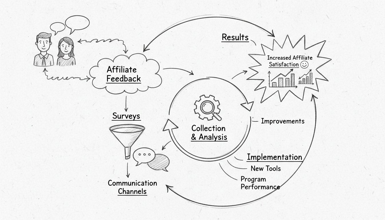 Met de hand getekend diagram dat het feedbackloopsysteem van affiliates toont met de fasen: Affiliate Feedback, Analyse, Implementatie en Resultaten