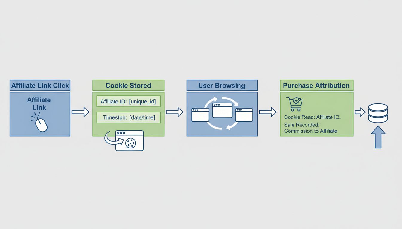 Cookietracking stroomdiagram dat het klikken op de affiliatelink, het opslaan van de cookie, het browsen van de gebruiker en het proces van aankooptoewijzing weergeeft